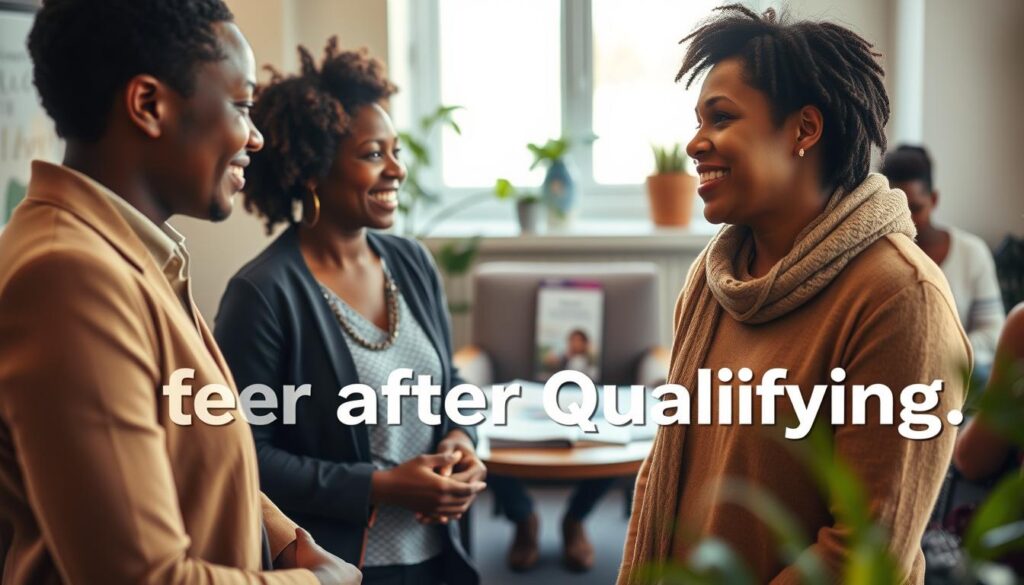 A warm and inviting scene illustrating the support after qualifying for foster care, featuring a diverse group of people in a modern office environment. In the foreground, a compassionate social worker in professional attire is engaged in a conversation with a newly qualified foster parent, who looks hopeful and eager. In the middle, a cozy meeting area with comfortable chairs and a table filled with informational brochures about fostering. The background includes a window with soft natural light streaming in, creating a calm atmosphere. A potted plant adds a touch of greenery, enhancing the sense of community and support. The overall mood is optimistic and encouraging, symbolizing the journey ahead in fostering. Use soft lighting and a slight focus blur in the background to emphasize the interaction.