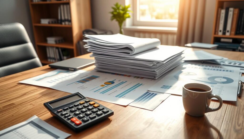 A well-lit office setting featuring a wooden desk with neatly stacked documents and financial reports, illustrating the necessary paperwork for calculating a company's turnover. In the foreground, a calculator and a cup of coffee add an inviting personal touch. The middle ground showcases graphs and charts laid out alongside highlighted sections of the documents. A soft natural light filters through a window, casting gentle shadows that create a calm and focused atmosphere. The background features a bookshelf with business books, adding depth to the scene. The overall mood is professional and organized, emphasizing clarity and efficiency in preparing data for financial calculations.
