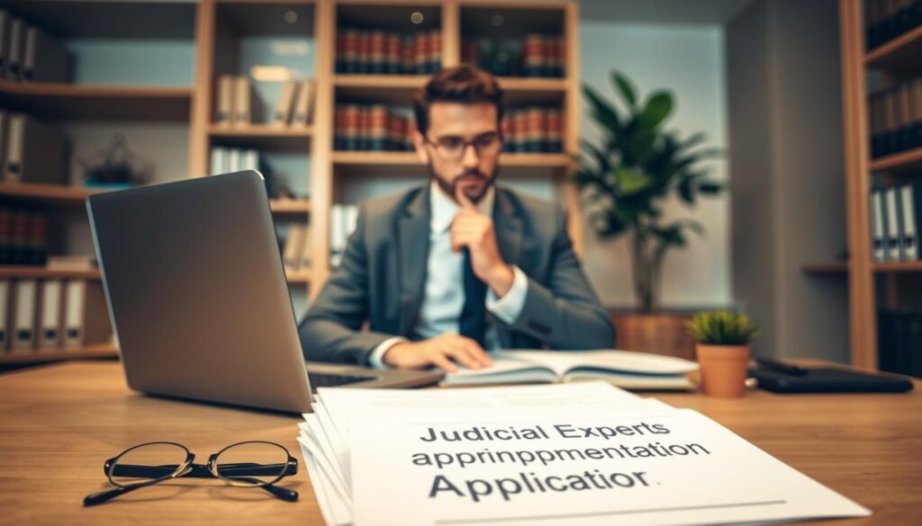 A well-organized desk in a modern office setting, featuring neatly stacked documents labeled "Judicial Expert Appointment Application" in the foreground. Include a professional-looking laptop displaying a legal database and a pair of reading glasses beside the documents. In the middle, a focused individual, dressed in formal business attire, is reviewing the papers, with a thoughtful expression on their face. The background should depict a softly lit office with bookshelves filled with legal texts and a potted plant, creating a calm and serious atmosphere. The lighting is warm and inviting, emphasizing the importance of the task at hand. The angle is slightly above eye-level, capturing the essence of professionalism and diligence in preparing for a judicial appointment. A well-organized desk in a modern office setting, featuring neatly stacked documents labeled "Judicial Expert Appointment Application" in the foreground. Include a professional-looking laptop displaying a legal database and a pair of reading glasses beside the documents. In the middle, a focused individual, dressed in formal business attire, is reviewing the papers, with a thoughtful expression on their face. The background should depict a softly lit office with bookshelves filled with legal texts and a potted plant, creating a calm and serious atmosphere. The lighting is warm and inviting, emphasizing the importance of the task at hand. The angle is slightly above eye-level, capturing the essence of professionalism and diligence in preparing for a judicial appointment.