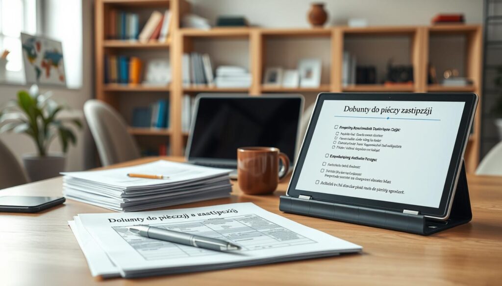 A well-organized office desk featuring stacks of official documents labeled "Dokumenty do pieczy zastępczej." The foreground shows an open file folder with neatly arranged papers and a pen placed beside it. In the middle ground, a laptop is on the desk, its screen displaying a digital checklist related to fostering requirements, while a coffee mug sits nearby. The background includes a soft-focus view of a warm, inviting office space with bookshelves filled with additional resources on child welfare. The lighting is bright and natural, emanating from a nearby window, creating a productive and welcoming atmosphere. The scene should convey a sense of professionalism and readiness, reflecting the importance of preparation in the fostering process.