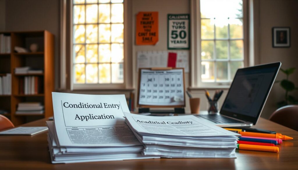 A well-organized study desk in a softly lit university environment, featuring a stack of papers labeled "Conditional Entry Application" prominently in the foreground. Add a laptop with an open document displaying academic deadlines, surrounded by stationery like pens and highlighters, conveying a sense of focus and urgency. In the middle ground, include a neatly organized calendar on the wall, showcasing important dates, with a few motivational posters that evoke a scholarly atmosphere. In the background, a large window lets in warm, natural light, illustrating a peaceful outdoor campus view. The overall mood should be studious and motivational, inspiring students to stay on track with their applications and deadlines while maintaining a professional and serene ambiance. A well-organized study desk in a softly lit university environment, featuring a stack of papers labeled "Conditional Entry Application" prominently in the foreground. Add a laptop with an open document displaying academic deadlines, surrounded by stationery like pens and highlighters, conveying a sense of focus and urgency. In the middle ground, include a neatly organized calendar on the wall, showcasing important dates, with a few motivational posters that evoke a scholarly atmosphere. In the background, a large window lets in warm, natural light, illustrating a peaceful outdoor campus view. The overall mood should be studious and motivational, inspiring students to stay on track with their applications and deadlines while maintaining a professional and serene ambiance.