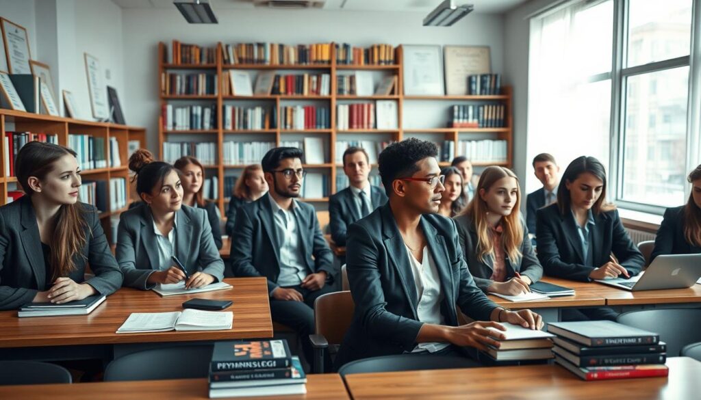 An academic setting, focused on "Studia kryminologia i kryminalistyka." In the foreground, a diverse group of students engaged in lively discussion, each dressed in professional business attire. The middle layer includes a modern classroom with wooden desks, laptops, and textbooks featuring titles on criminology and forensic science. The background reveals shelves lined with academic books, certificates hanging on walls, and a large window allowing soft, natural light to illuminate the space. The mood is inspiring and scholarly, conveying the pursuit of knowledge and skills necessary for detecting and criminal investigation work. Use a realistic lens with a slight depth of field to focus on the students while softly blurring the background, capturing an engaging educational atmosphere. An academic setting, focused on "Studia kryminologia i kryminalistyka." In the foreground, a diverse group of students engaged in lively discussion, each dressed in professional business attire. The middle layer includes a modern classroom with wooden desks, laptops, and textbooks featuring titles on criminology and forensic science. The background reveals shelves lined with academic books, certificates hanging on walls, and a large window allowing soft, natural light to illuminate the space. The mood is inspiring and scholarly, conveying the pursuit of knowledge and skills necessary for detecting and criminal investigation work. Use a realistic lens with a slight depth of field to focus on the students while softly blurring the background, capturing an engaging educational atmosphere.