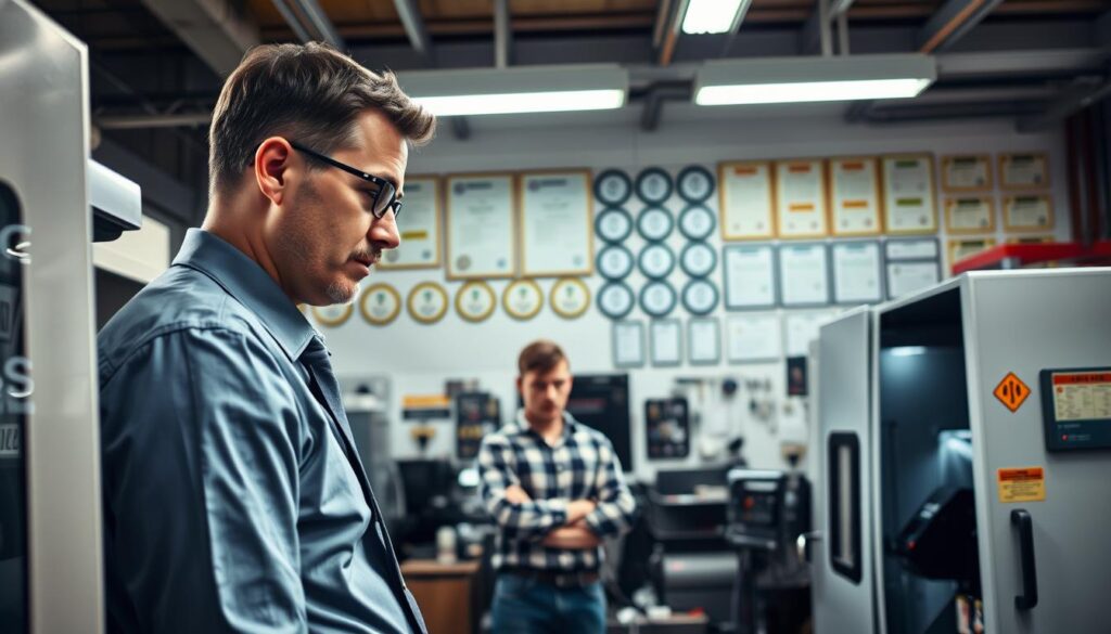 In a modern CNC machining workshop, capture the contrast between a seasoned CNC operator and a novice. In the foreground, a male operator with several years of experience, wearing professional business attire, thoughtfully examines a complex CNC machine display, showing hints of pride in his work. In the middle ground, a younger operator, dressed in modest casual clothing, is attentively learning from a mentor nearby. Overhead, bright industrial lighting illuminates the workspace, highlighting the intricate machinery and tools. In the background, a wall filled with certifications and safety awards reflects the operator’s accomplishments. The overall atmosphere should convey professionalism, growth, and the crucial link between experience and salary, evoking a sense of ambition and craftsmanship in the CNC industry. In a modern CNC machining workshop, capture the contrast between a seasoned CNC operator and a novice. In the foreground, a male operator with several years of experience, wearing professional business attire, thoughtfully examines a complex CNC machine display, showing hints of pride in his work. In the middle ground, a younger operator, dressed in modest casual clothing, is attentively learning from a mentor nearby. Overhead, bright industrial lighting illuminates the workspace, highlighting the intricate machinery and tools. In the background, a wall filled with certifications and safety awards reflects the operator’s accomplishments. The overall atmosphere should convey professionalism, growth, and the crucial link between experience and salary, evoking a sense of ambition and craftsmanship in the CNC industry.